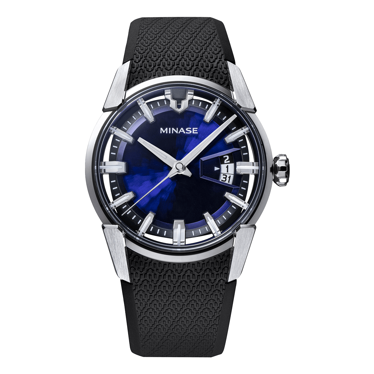 Minase watch with ocean blue dial on rubber band