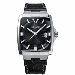 minase horizon leather watch black dial