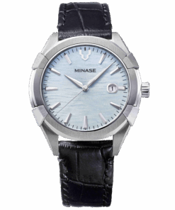 Minae Uruga 42mm black leather ice blue dial