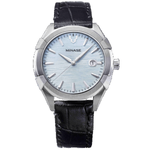 Minae Uruga 42mm black leather ice blue dial