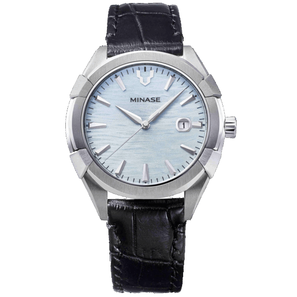 Minae Uruga 42mm black leather ice blue dial
